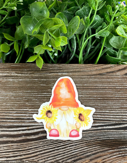 Fall Gnome Sunflowers, Die Cut Vinyl Sticker, Boho Fun, Water Resistant, Fall Season Orange Autumn |Sticker or Magnet