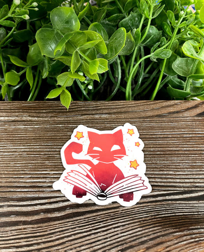 Halloween Orange Cat Reading a Book, Die Cut Vinyl Sticker, Boho Fun, Water Resistant, Spooky |Sticker or Magnet