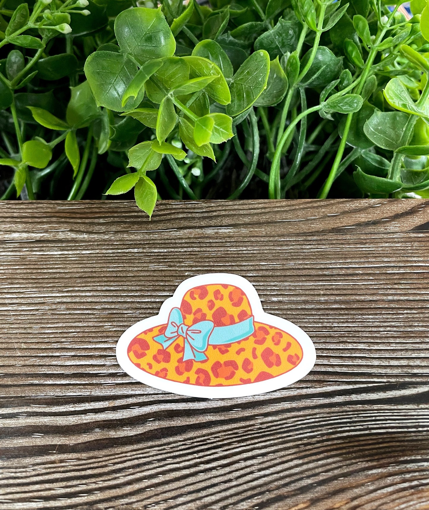 Cheetah Print Sun Hat, Die Cut Vinyl Sticker, Boho Fun, Water Resistant, Blue Bow |Sticker or Magnet
