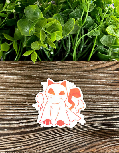 Orange Cat in Ghost Costume, Die Cut Vinyl Sticker, Boho Fun, Water Resistant, Halloween Spooky Party Character |Sticker or Magnet