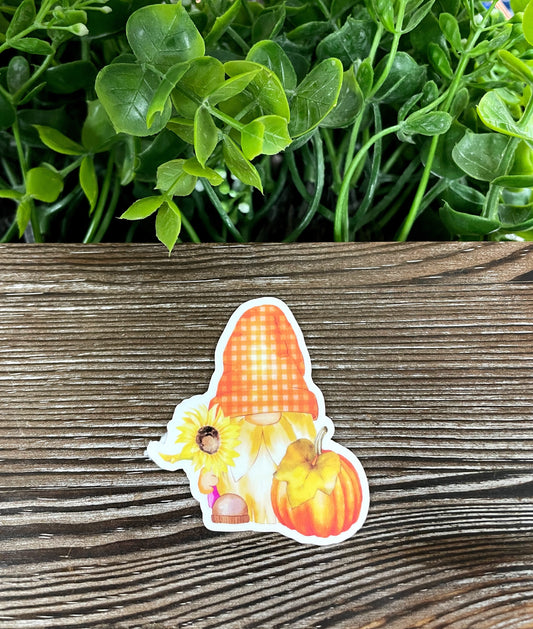 Fall Gnome Sunflower and Pumpkin, Die Cut Vinyl Sticker, Boho Fun, Water Resistant, Fall Season Orange Autumn |Sticker or Magnet