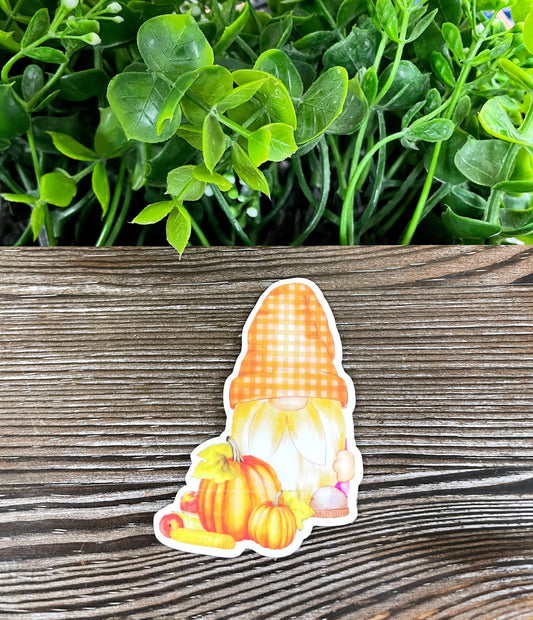 Fall Gnome w/ Pumpkins, Die Cut Vinyl Sticker, Boho Fun, Water Resistant, Fall Season Orange Autumn |Sticker or Magnet