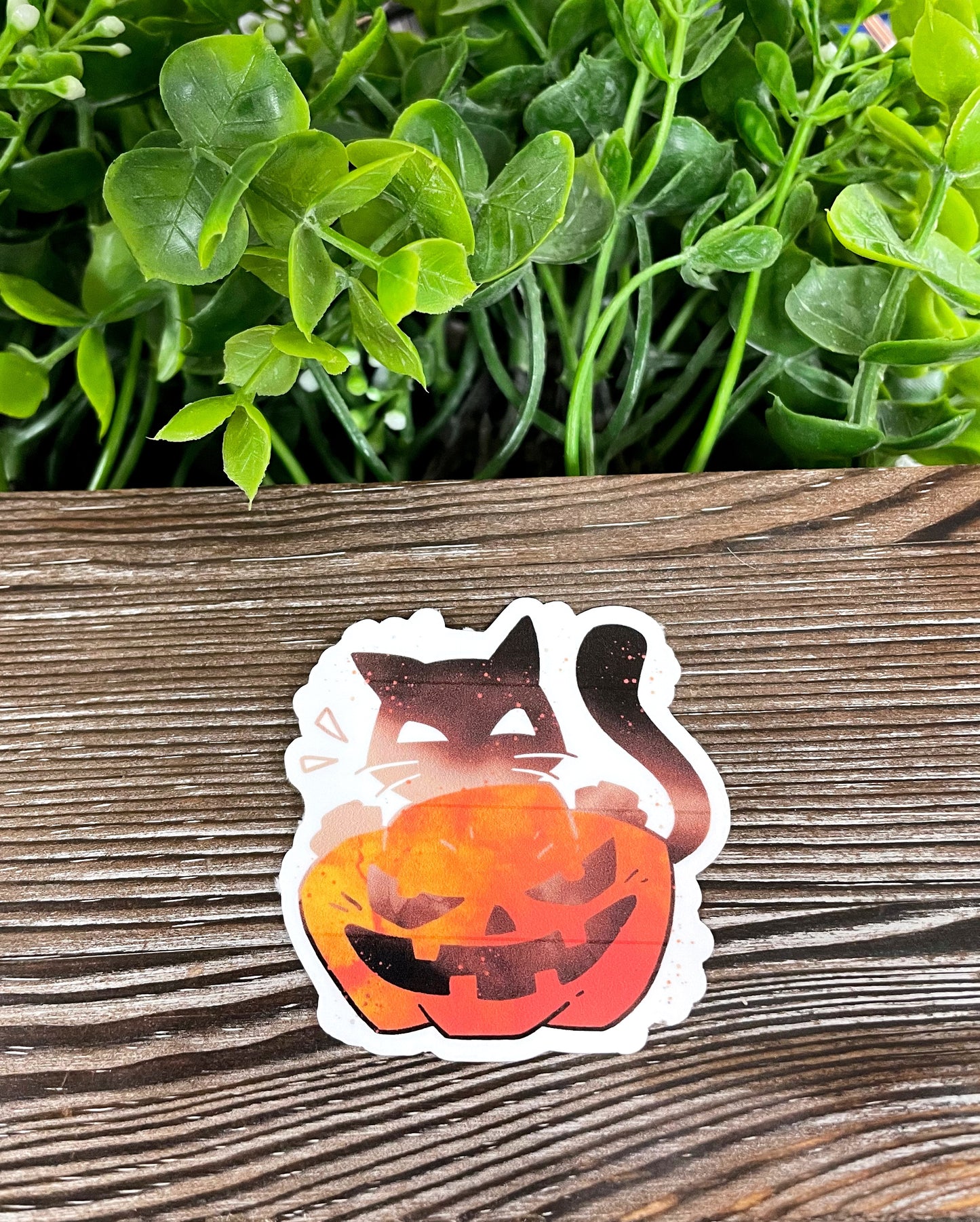 Halloween Black Kitty w/ Jack O Lantern Pumpkin, Die Cut Vinyl Sticker, Boho Fun, Water Resistant, Spooky |Sticker or Magnet