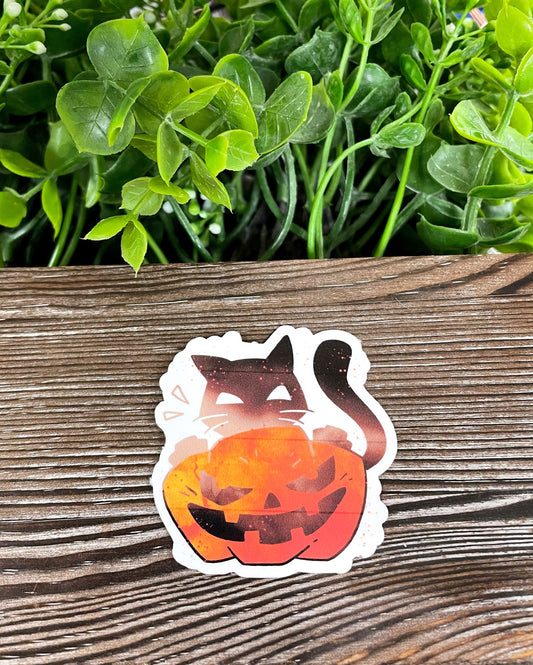 Halloween Black Kitty w/ Jack O Lantern Pumpkin, Die Cut Vinyl Sticker, Boho Fun, Water Resistant, Spooky |Sticker or Magnet