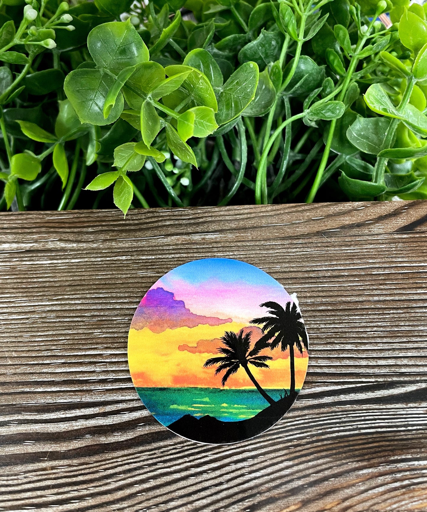 Beach Sunset Watercolor, Die Cut Vinyl Sticker, Boho Fun, Water Resistant, Palm Trees Ocean Vacation |Sticker or Magnet