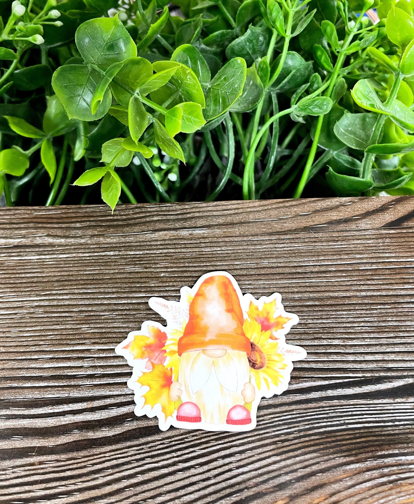 Fall Bearded Gnome w/ Leaves, Die Cut Vinyl Sticker, Boho Fun, Water Resistant, Fall Season Orange Autumn |Sticker or Magnet