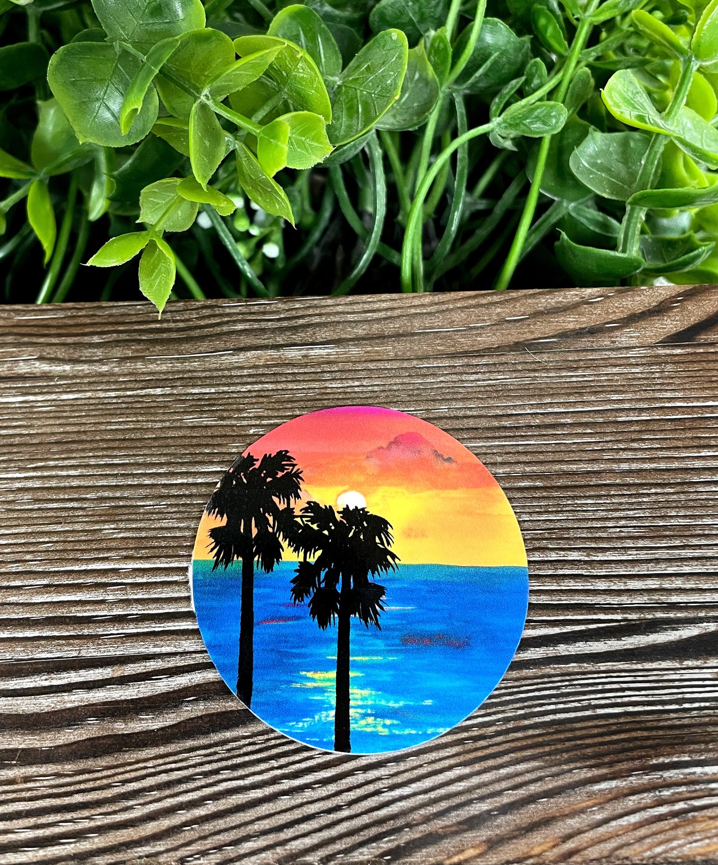 Blue Beach Orange Sunset Watercolor, Die Cut Vinyl Sticker, Boho Fun, Water Resistant, Palm Trees Ocean Vacation |Sticker or Magnet
