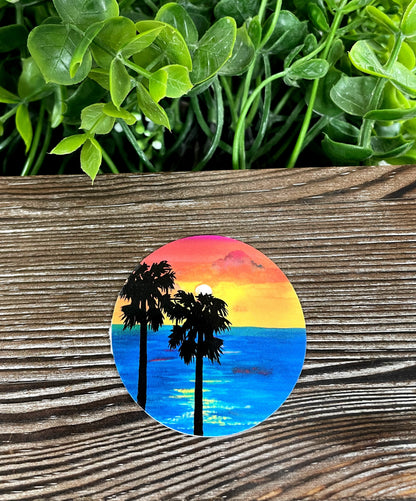 Blue Beach Orange Sunset Watercolor, Die Cut Vinyl Sticker, Boho Fun, Water Resistant, Palm Trees Ocean Vacation |Sticker or Magnet