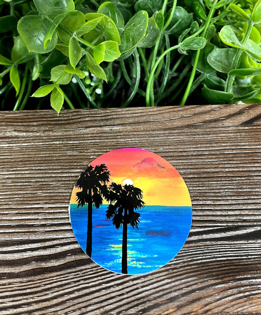 Blue Beach Orange Sunset Watercolor, Die Cut Vinyl Sticker, Boho Fun, Water Resistant, Palm Trees Ocean Vacation |Sticker or Magnet