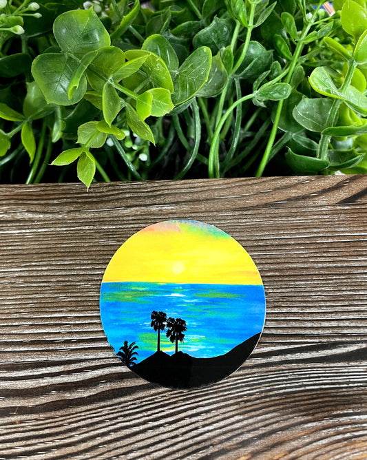 Blue Beach Yellow Sun Watercolor, Die Cut Vinyl Sticker, Boho Fun, Water Resistant, Palm Trees Ocean Vacation Painting |Sticker or Magnet