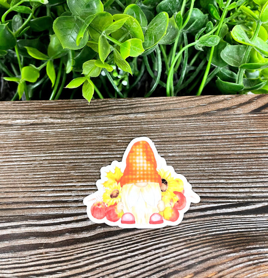 Fall Bearded Gnome w/ Apples, Die Cut Vinyl Sticker, Boho Fun, Water Resistant, Fall Season Orange Autumn |Sticker or Magnet