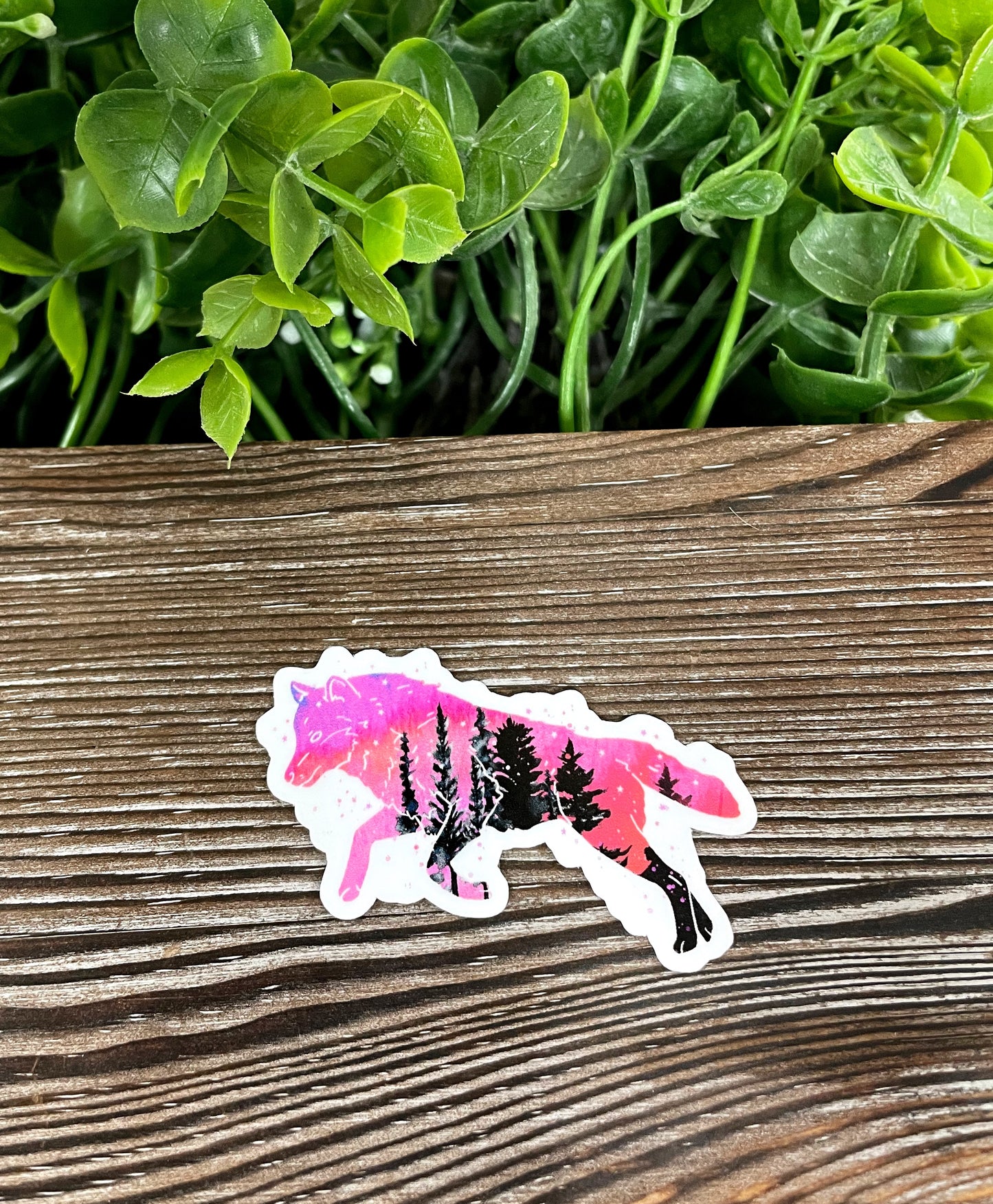 Jumping Galaxy Painted Wolf Silhouette w/ Trees, Die Cut Vinyl Sticker, Boho Fun, Water Resistant, Dog Mom Animal Lover, Pink Watercolor |Sticker or Magnet