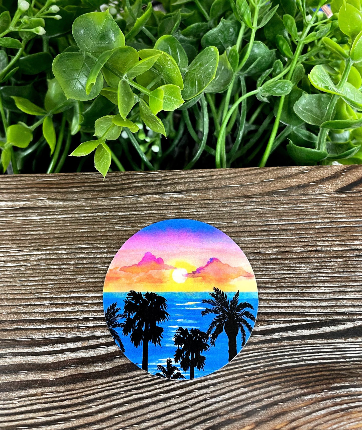 Blue Ocean Cloudy Sunset Watercolor, Die Cut Vinyl Sticker, Boho Fun, Water Resistant, Palm Trees Beach Vacation Painting |Sticker or Magnet