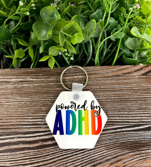 Powered by ADHD, MDF Hexagon Keychain, , Boho Fun, Human Rights Equality Women Support, Neurodivergent Rainbow - Handmade by Marlayna