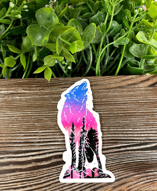 Standing Galaxy Wolf Silhouette w/ Trees, Die Cut Vinyl Sticker, Boho Fun, Water Resistant, Dog Mom Animal Lover, Pink and Blue |Sticker or Magnet