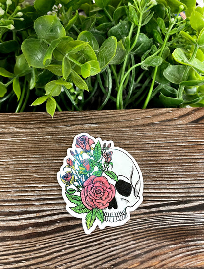 Skull w/ Red Roses, Die Cut Vinyl Sticker, Boho Fun, Water Resistant, Green Leaves, Mystical Bones |Sticker or Magnet
