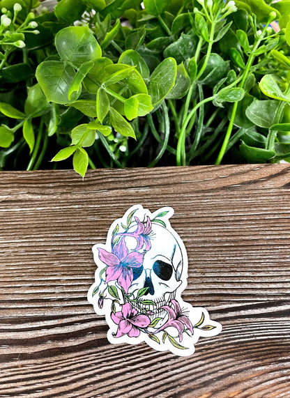 Skull w/ Draping Pink Flowers, Die Cut Vinyl Sticker, Boho Fun, Water Resistant, Green Leaves, Mystical Bones |Sticker or Magnet