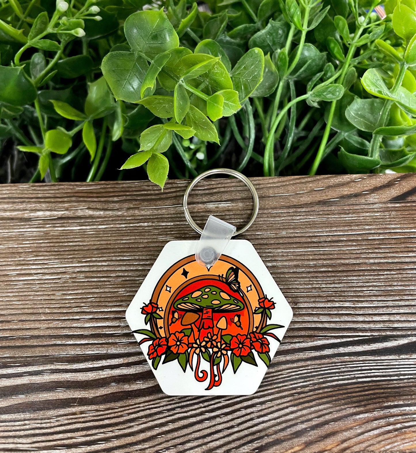 Horseshoe Mushrooms Vines, MDF Hexagon Keychain, , Boho Fun, Flowers - Handmade by Marlayna