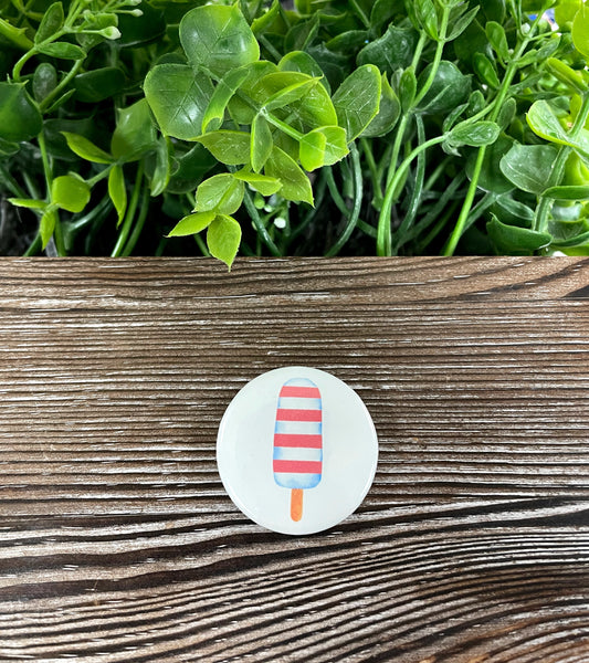 Red Striped Popsicle, Graphic Art Button / Pin 1.25” , Boho Fun, Water Resistant, Fourth of July, America - Handmade by Marlayna