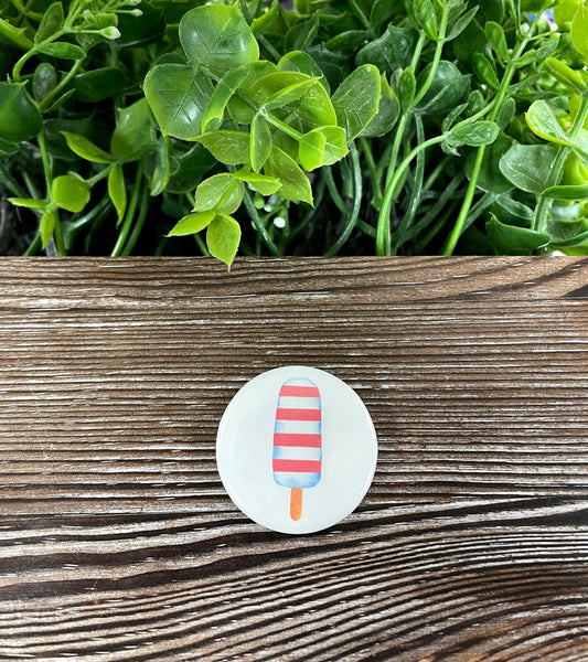 Red Striped Popsicle, Graphic Art Button / Pin Refrigerator Magnet , Boho Fun, Refrigerator Magnet, Fourth of July, America - Handmade by Marlayna