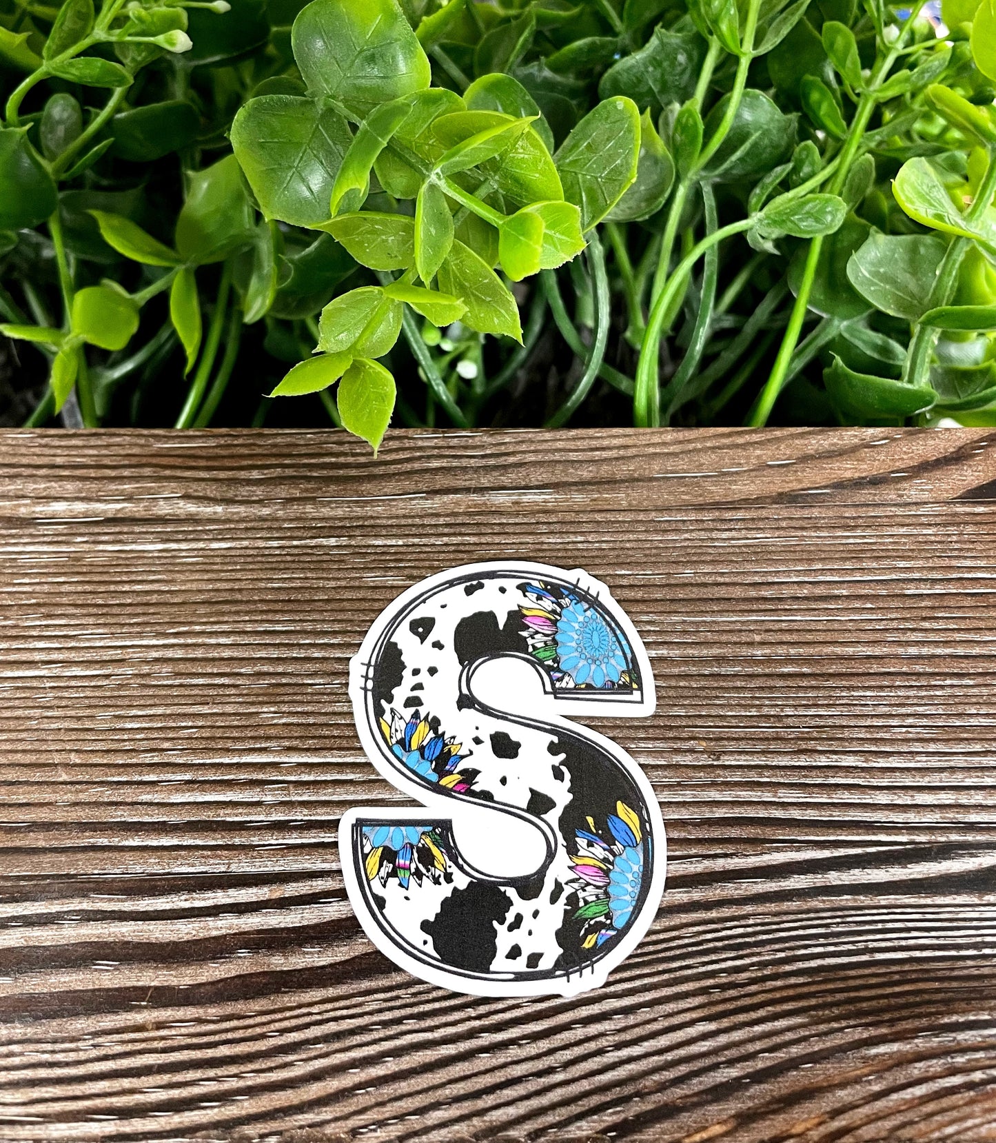 Initial S, Die Cut Vinyl Sticker, Boho Fun, Water Resistant, Southwestern Country, Cowhide Turquoise |Sticker or Magnet