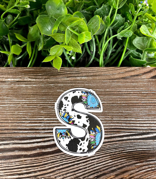 Initial S, Die Cut Vinyl Sticker, Boho Fun, Water Resistant, Southwestern Country, Cowhide Turquoise |Sticker or Magnet