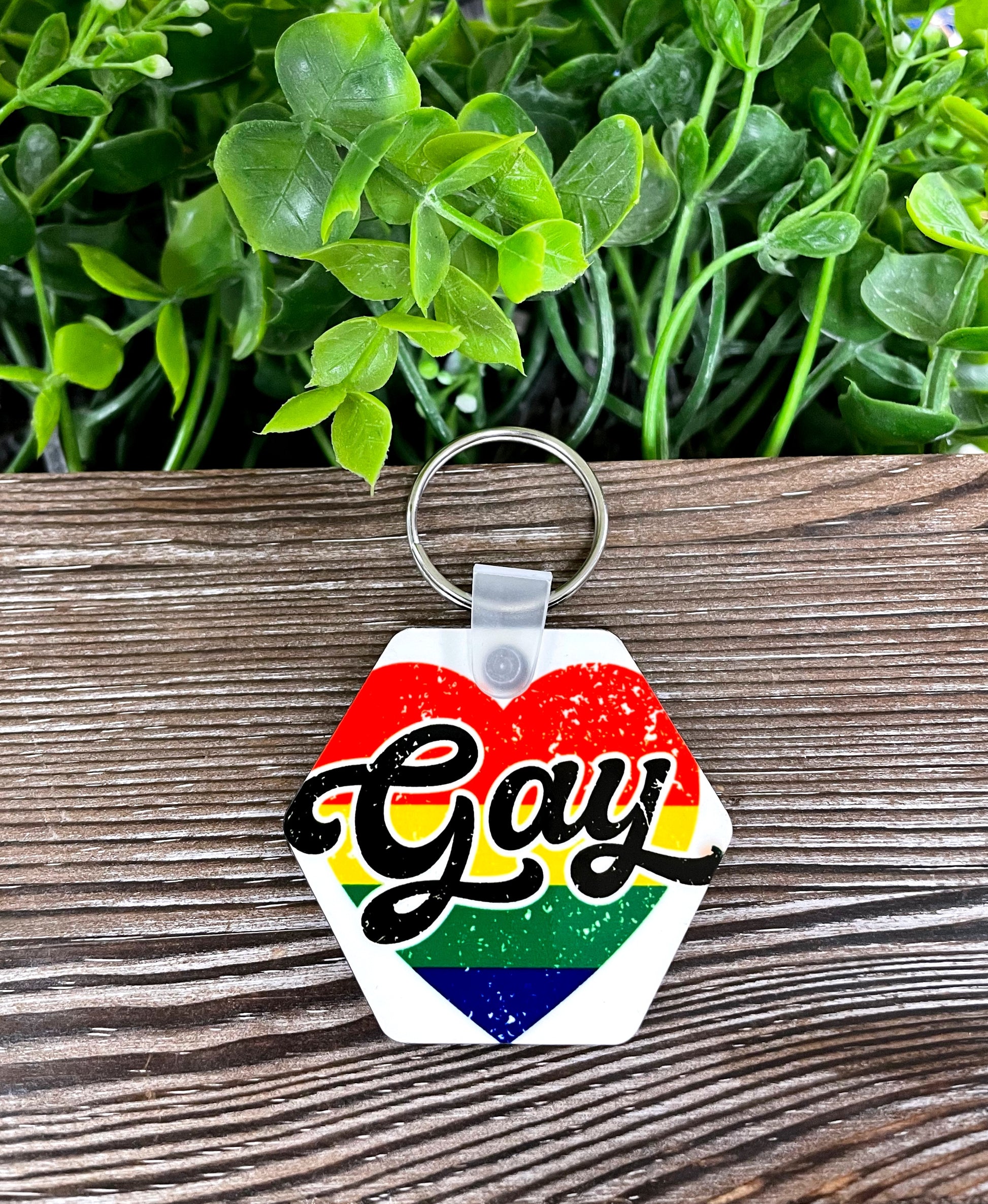 Rainbow Heart Gay, MDF Hexagon Keychain, , Boho Fun, Human Rights Equality Women Support - Handmade by Marlayna