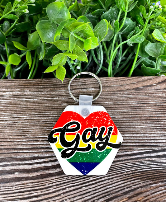 Rainbow Heart Gay, MDF Hexagon Keychain, , Boho Fun, Human Rights Equality Women Support - Handmade by Marlayna