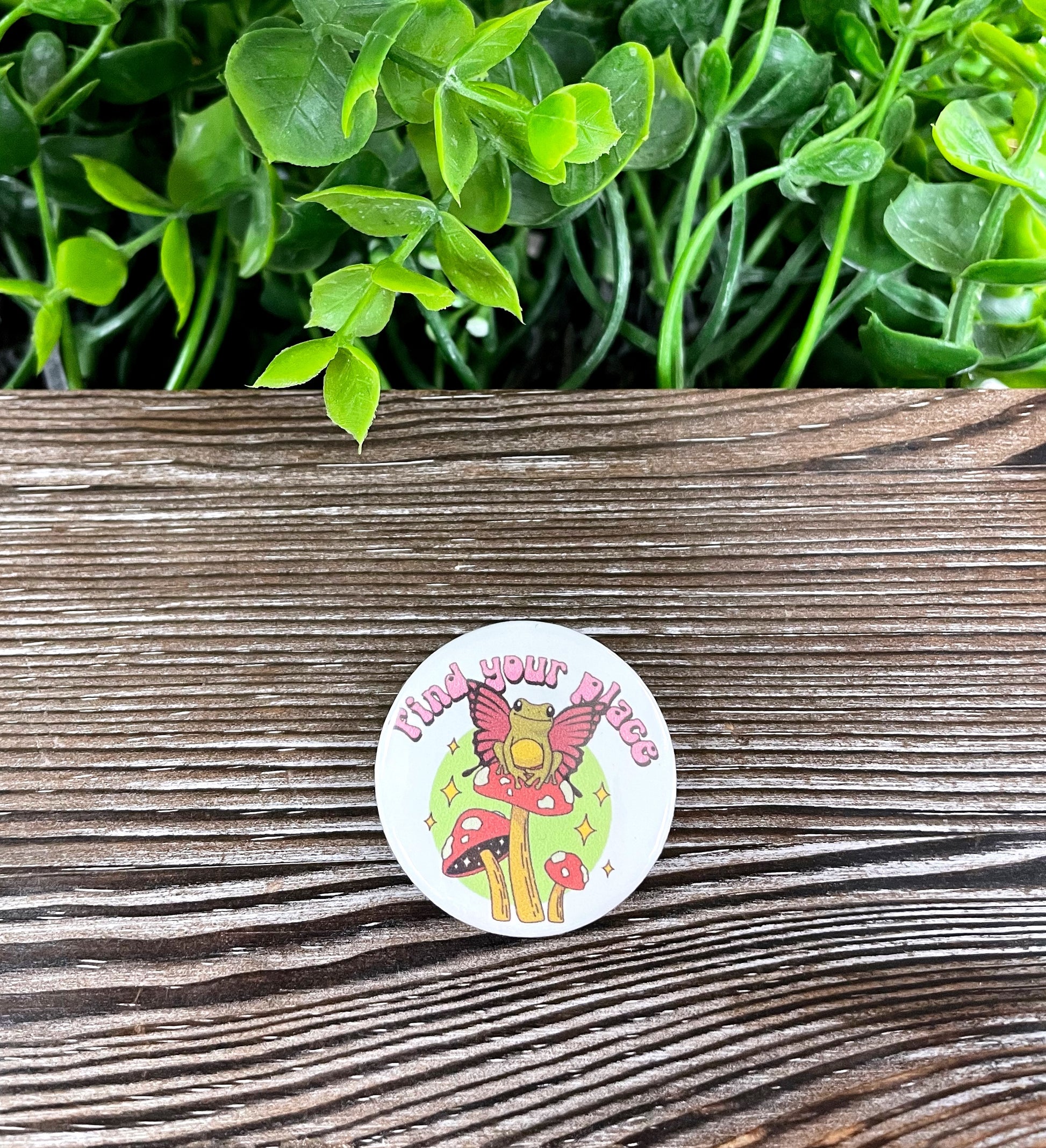 Find Your Place, Frog on a Mushroom, Graphic Art Button / Pin 1.25” , Boho Fun, Water Resistant, Fungi Shrooms Toadstool, - Handmade by Marlayna