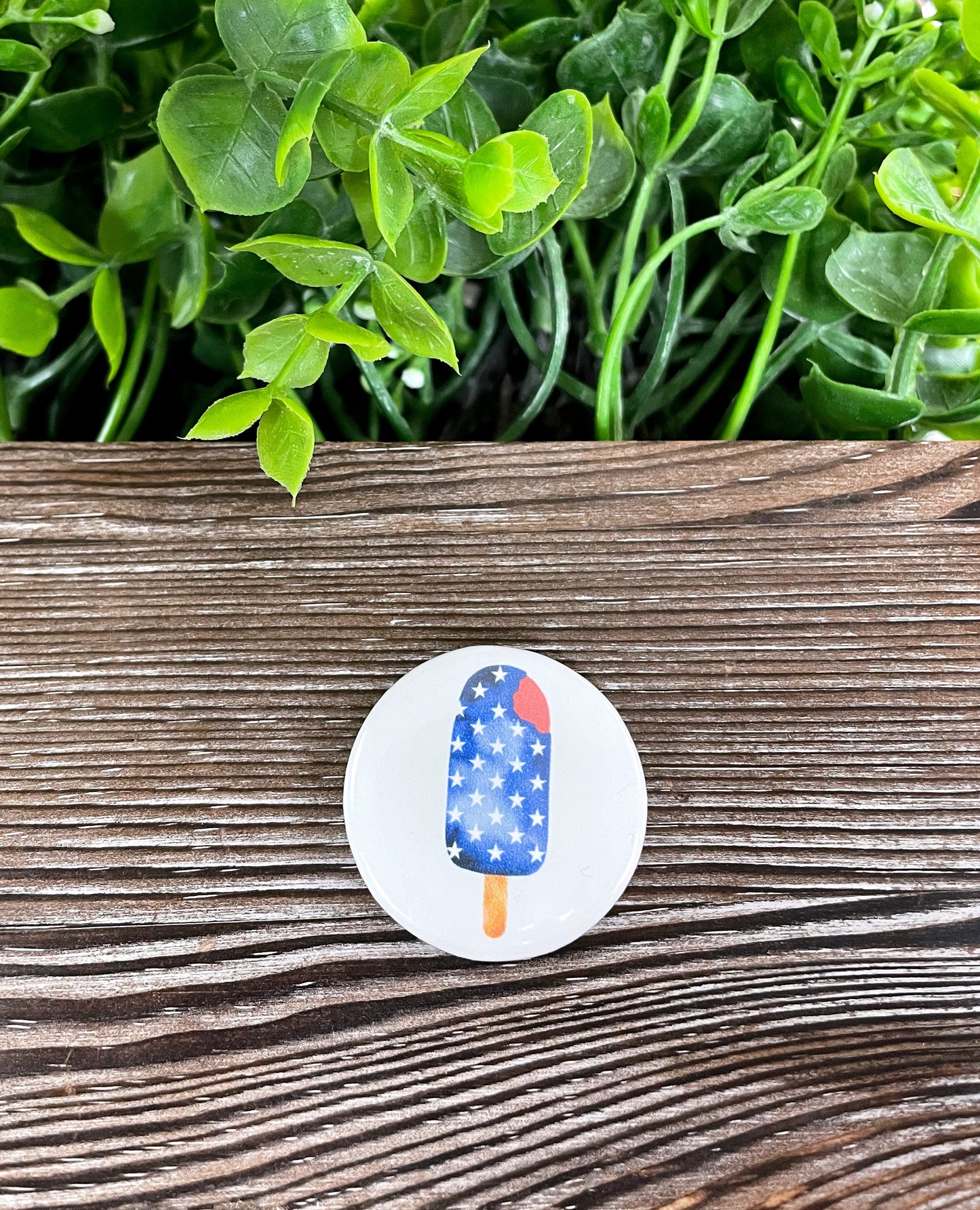 American Flag Popsicle, Graphic Art Button / Pin 1.25” , Blue Color White Stars, Boho Fun, Water Resistant, Fourth of July, America - Handmade by Marlayna