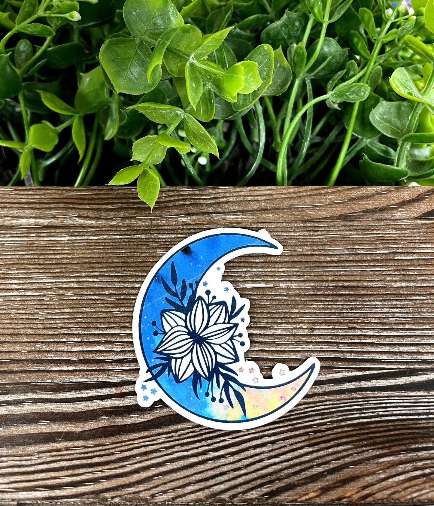 Crescent Moon with Large Flower Sticker |Sticker or Magnet