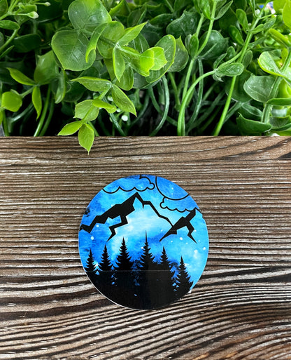 Mountains Trees and Clouds  Sticker, Blue |Sticker or Magnet