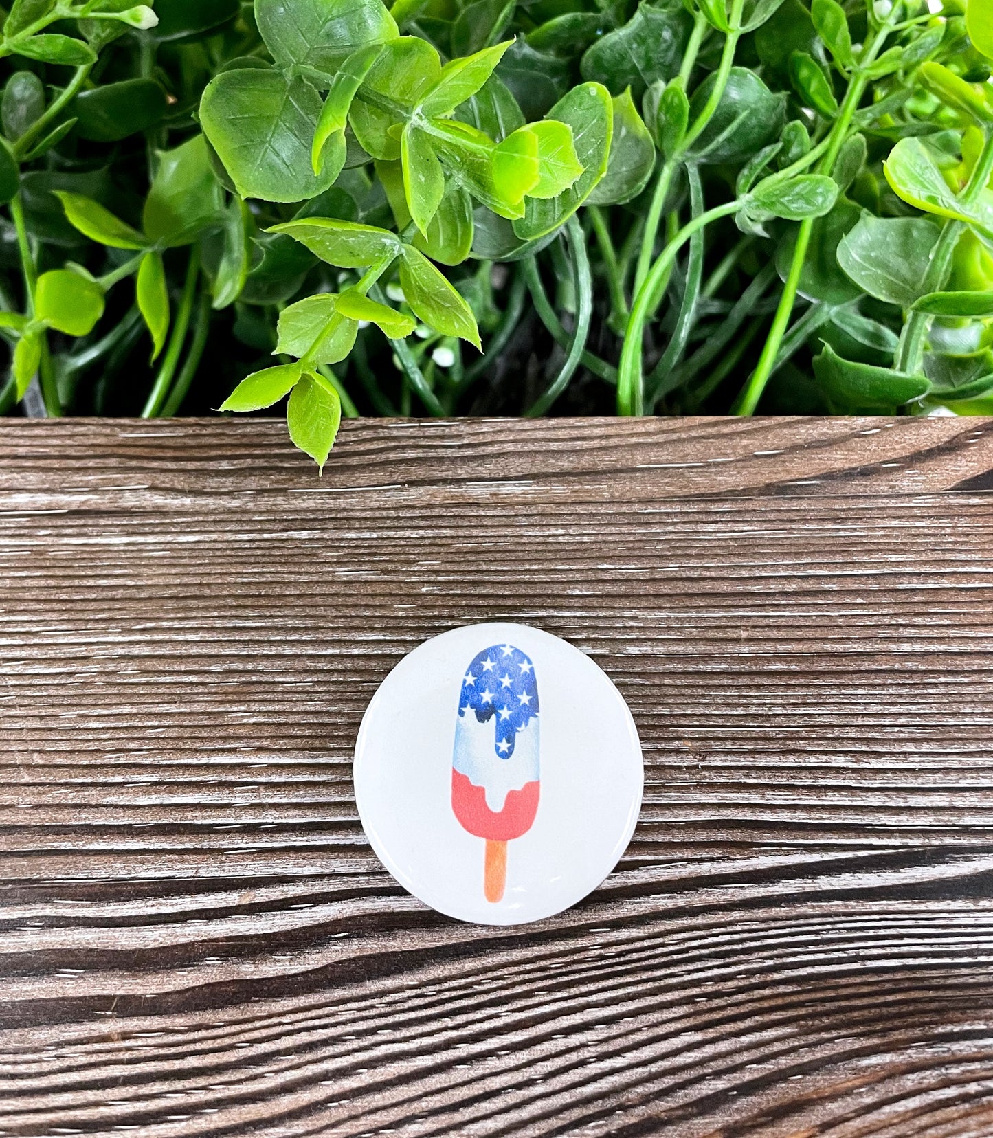 American Flag Popsicle, Graphic Art Button / Pin 1.25” , Boho Fun, Water Resistant, Fourth of July, America - Handmade by Marlayna