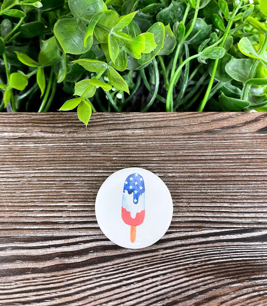 American Flag Popsicle, Graphic Art Button / Pin 1.25” , Boho Fun, Water Resistant, Fourth of July, America - Handmade by Marlayna