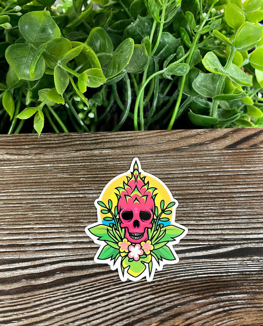 Tropical Skull w/ Flowers, Die Cut Vinyl Sticker, Boho Fun, Water Resistant, Green Leaves Fruit |Sticker or Magnet