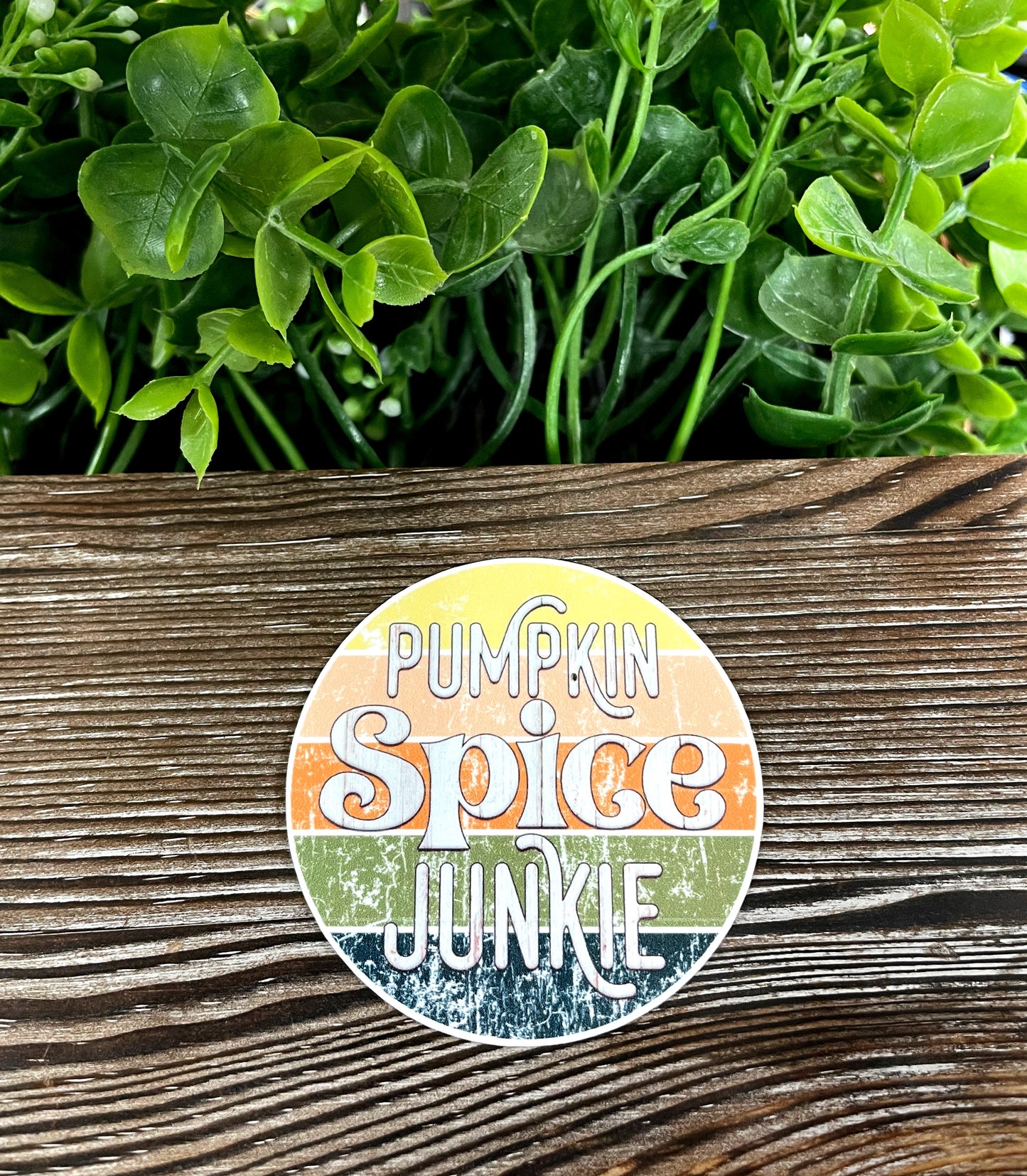 Pumpkin Spice Junkie, Die Cut Vinyl Sticker, Boho Fun, Water Resistant, Distressed Background, Fall Season Orange Autumn |Sticker or Magnet