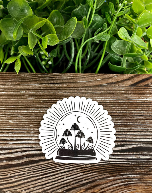 Mushrooms in a Crystal Ball, Die Cut Vinyl Sticker, Boho Fun, Water Resistant, Fungi Shrooms Toadstool |Sticker or Magnet