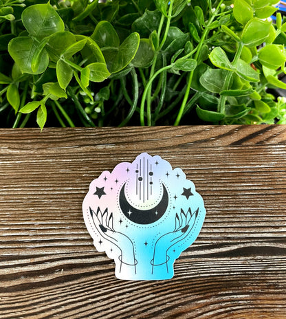 Watercolor Pastel Hands Crescent Moon, Die Cut Vinyl Sticker, Boho Fun, Water Resistant, Mystical Witchy Magic, Blue and Purple Space |Sticker or Magnet