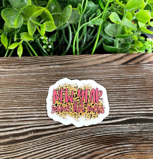 New Year Same Hot Mess, Die Cut Vinyl Sticker, Boho Fun, Water Resistant, New Years Eve, Cheetah Print, Holiday |Sticker or Magnet