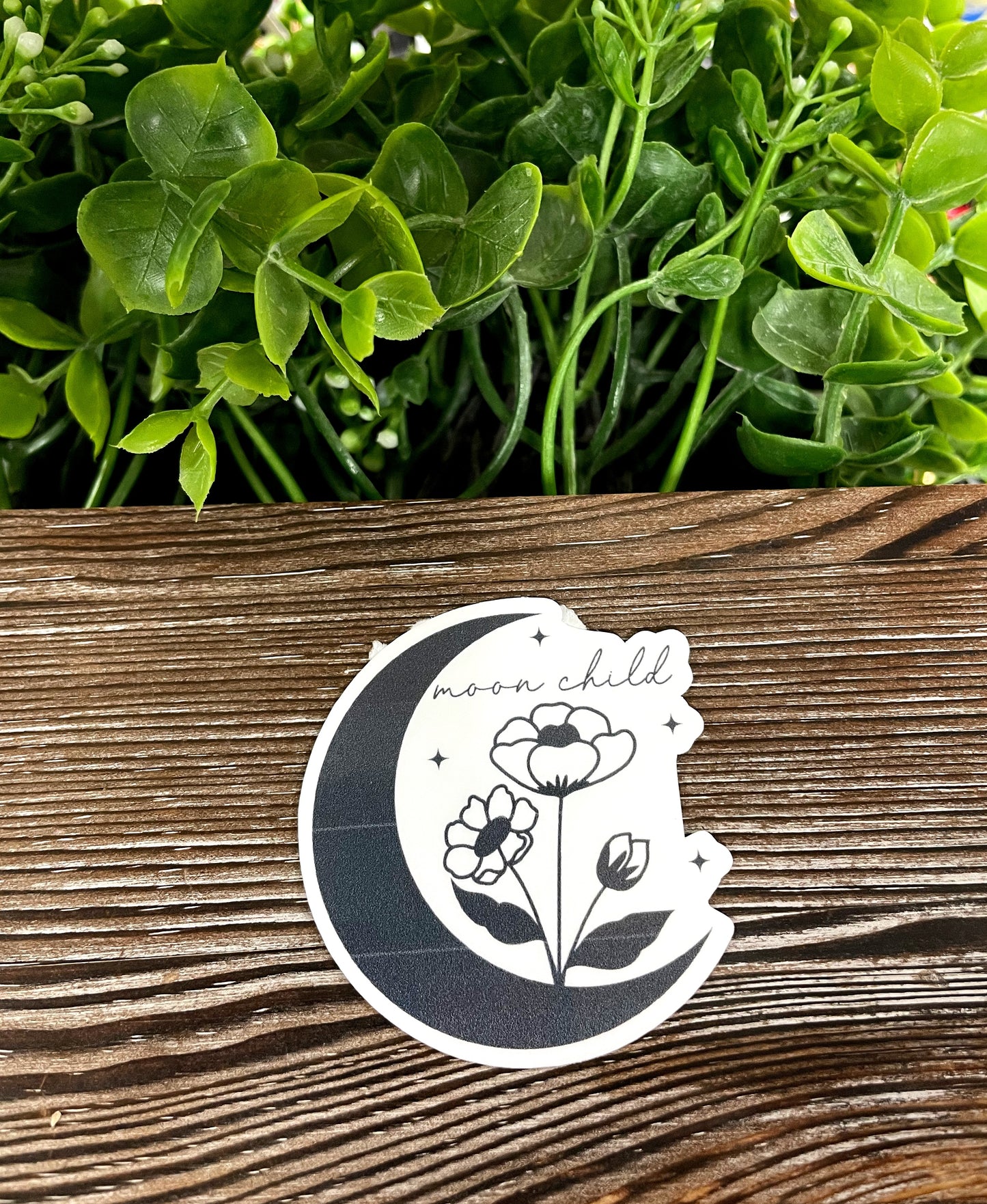 Moon Child, Crescent Moon w/ Flowers, Die Cut Vinyl Sticker, Boho Fun, Water Resistant, Night Sky Space |Sticker or Magnet