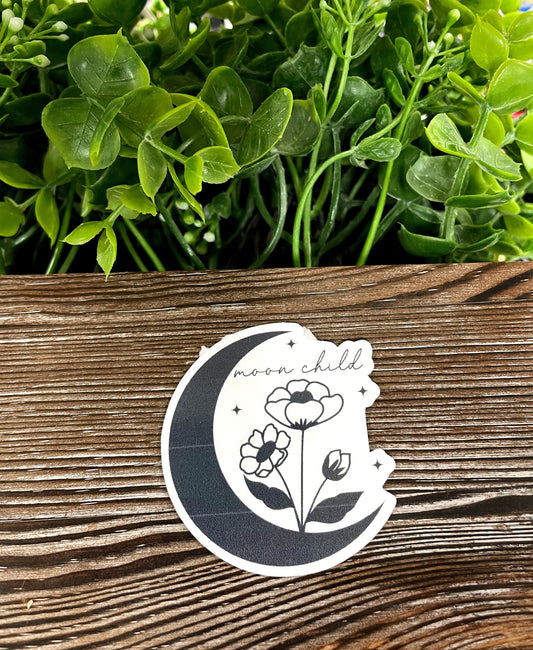 Moon Child, Crescent Moon w/ Flowers, Die Cut Vinyl Sticker, Boho Fun, Water Resistant, Night Sky Space |Sticker or Magnet