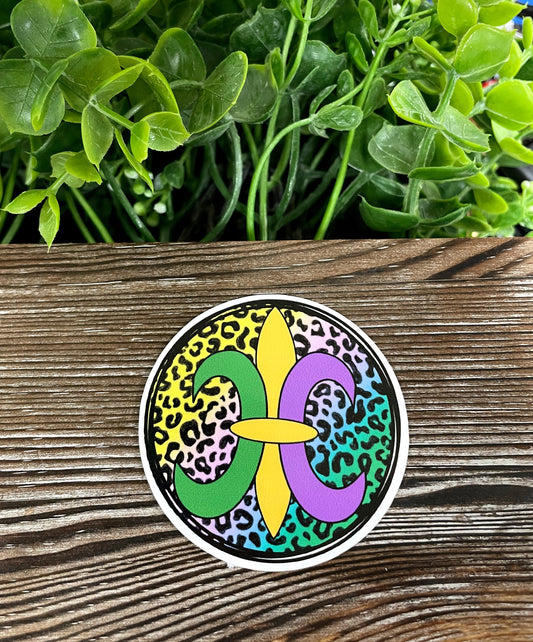 Fleur De Lis, Die Cut Vinyl Sticker, Boho Fun, Water Resistant, Mardi Gras, Cheetah Print Colorful, New Orleans |Sticker or Magnet