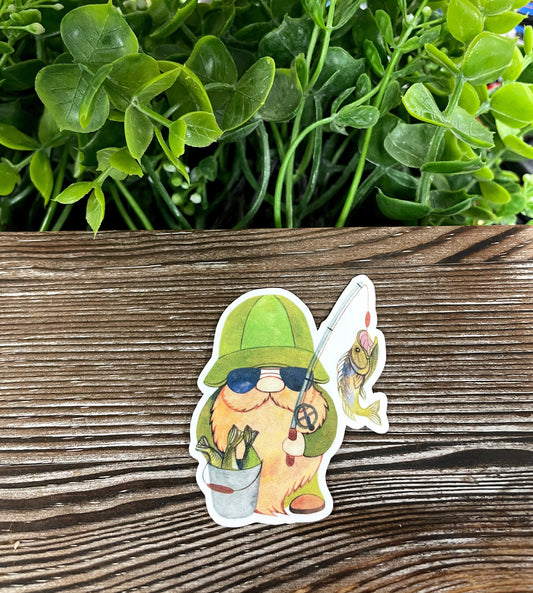 Fisherman Gnome, Die Cut Vinyl Sticker, Boho Fun, Water Resistant, Fishing Fisherman, Bass Fish |Sticker or Magnet