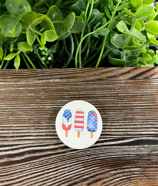American Flag Popsicle Trio, Graphic Art Button / Pin Refrigerator Magnet , Red Blue Stripes White Stars, Boho Fun, Refrigerator Magnet, Fourth of July, America - Handmade by Marlayna