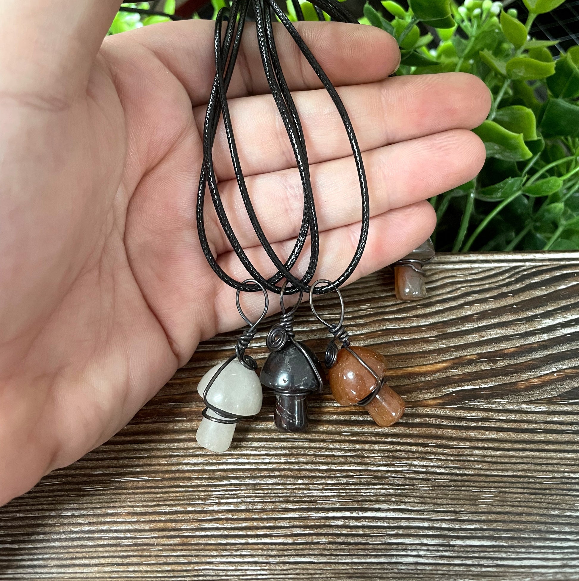 Wire Wrapped Mushroom, Random Gemstone Necklace,Tigers Eye Sodalite Labradorite Quartz - Handmade by Marlayna