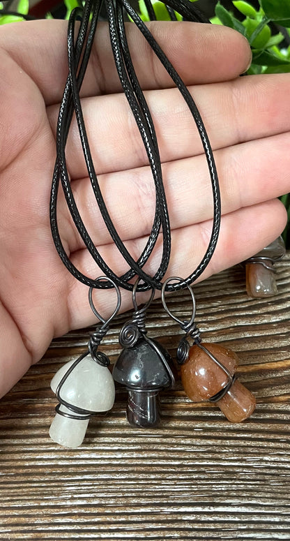 Wire Wrapped Mushroom, Random Gemstone Necklace,Tigers Eye Sodalite Labradorite Quartz - Handmade by Marlayna
