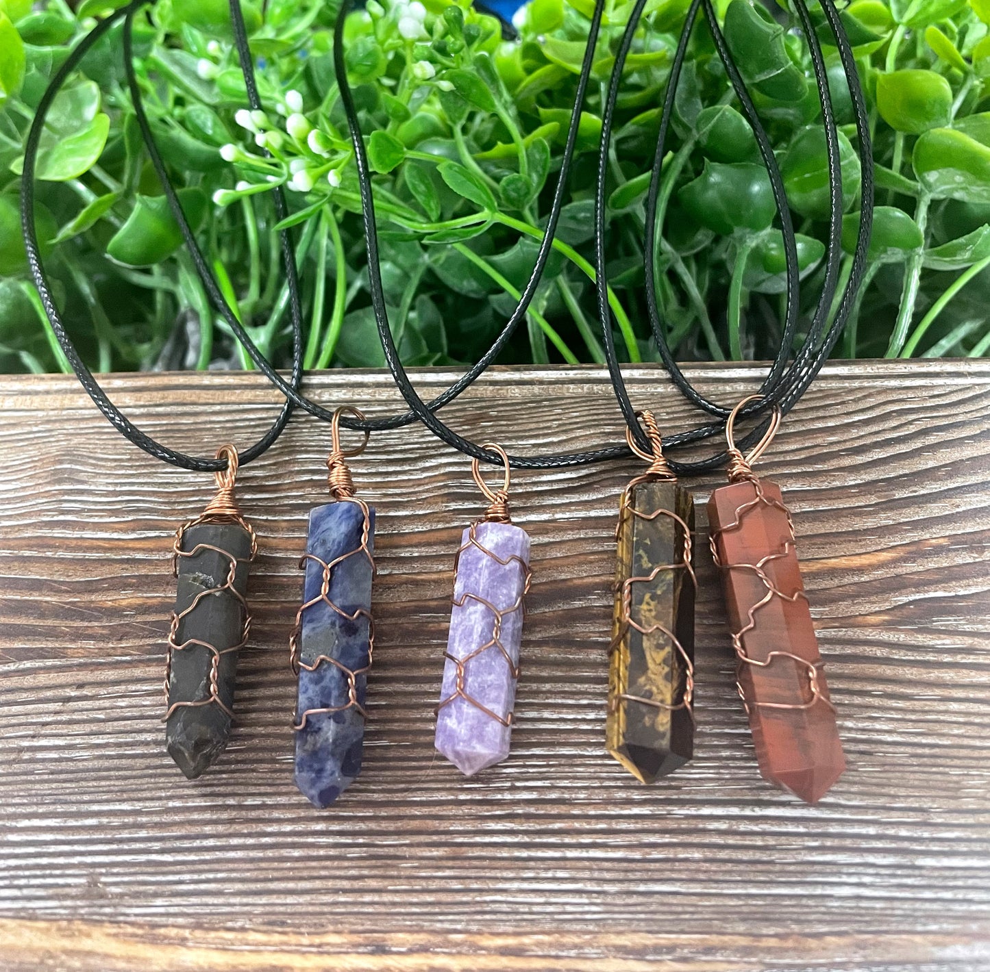 Wire Wrapped Crystal Point, Random Gemstone Necklace, Cage Wrap, Tigers Eye Sodalite Labradorite Quartz - Handmade by Marlayna