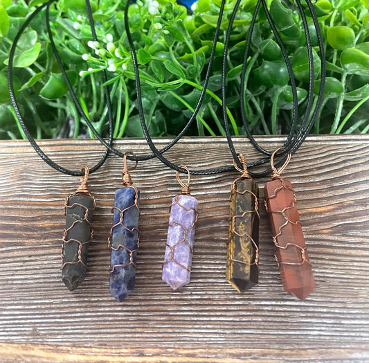Wire Wrapped Crystal Point, Random Gemstone Necklace, Cage Wrap, Tigers Eye Sodalite Labradorite Quartz - Handmade by Marlayna