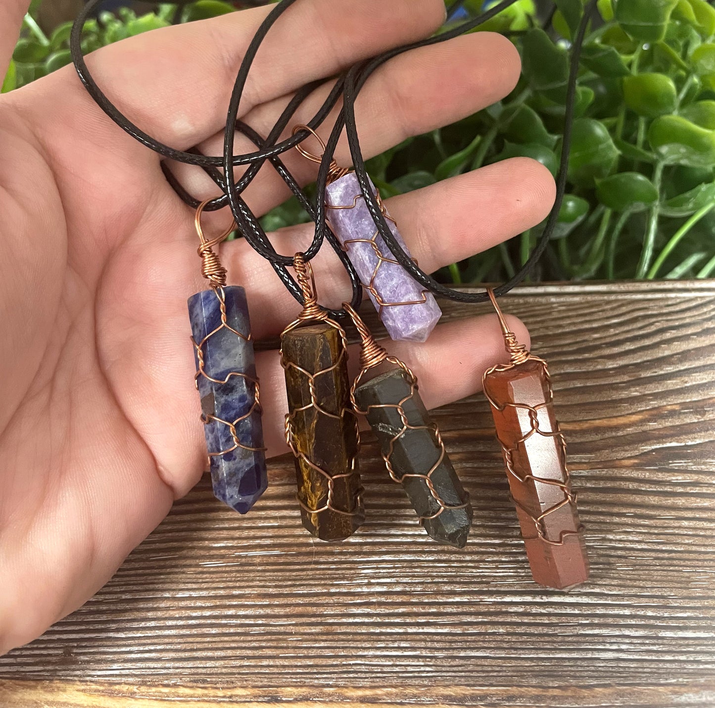 Wire Wrapped Crystal Point, Random Gemstone Necklace, Cage Wrap, Tigers Eye Sodalite Labradorite Quartz - Handmade by Marlayna