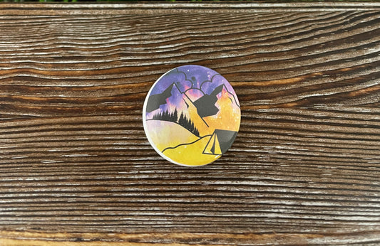 Scenic Mountain View, Graphic Art Button / Pin 1.25” , Boho Fun, Water Resistant, Equality - Handmade by Marlayna